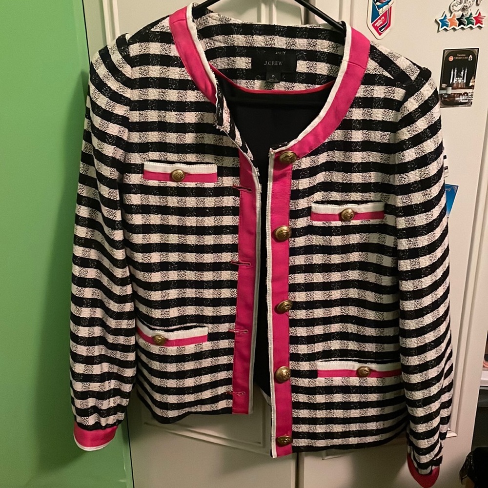 J. Crew Black and White Striped Tweed Blazer with Pink Trim